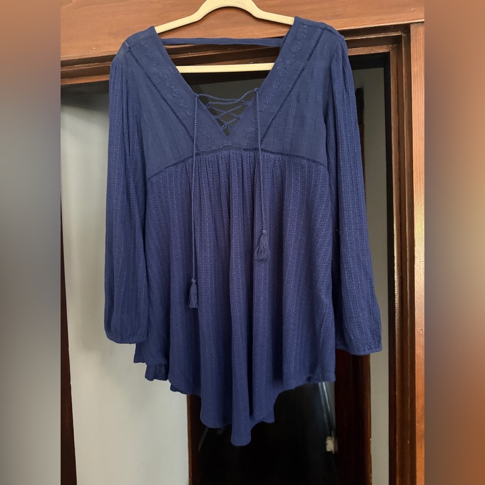 Lucky Brand Blue 3/4 Sleeve Tie Front Blouse